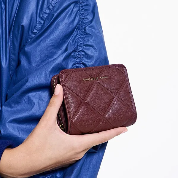 Ví Nữ Charles & Keith CNK Anwen Quilted Zip-Around Wallet Burgundy 10701345 Màu Đỏ Tía