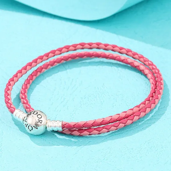 Vòng Đeo Tay Nữ Pandora Mixed Pink Double-Leather Charm Bracelet 590747CPMX Màu Hồng Đỏ Size 17.5