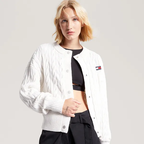 Áo Cardigan Nữ Tommy Hilfiger Cable Knit Badge Relaxed Cardigan DW16529YBH Màu Trắng