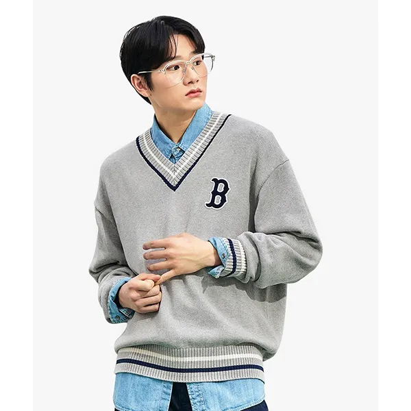 Áo Len MLB Overfit Varsity Boston Red Sox 3AKPV0131-43MGS Màu Xám Nhạt