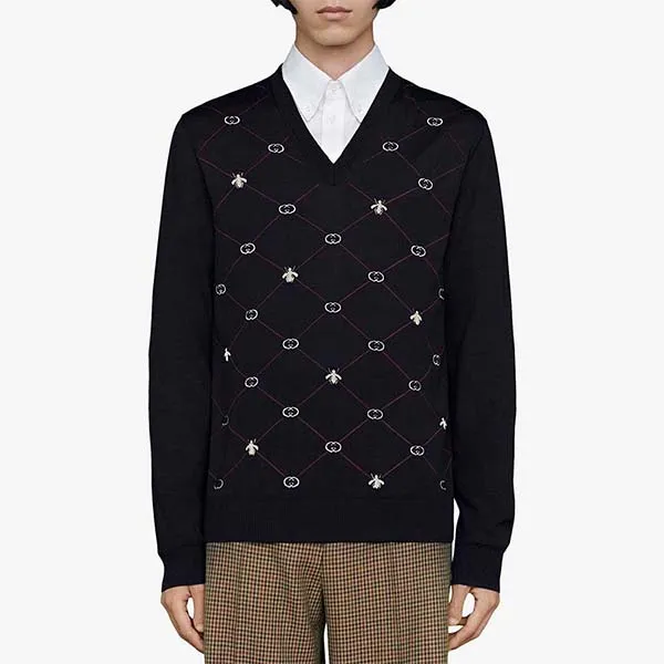 Áo Len Nam Gucci Jacquard-Motif V-Neck Jumper Màu Xanh Navy Size XS - Thời trang - Vua Hàng Hiệu