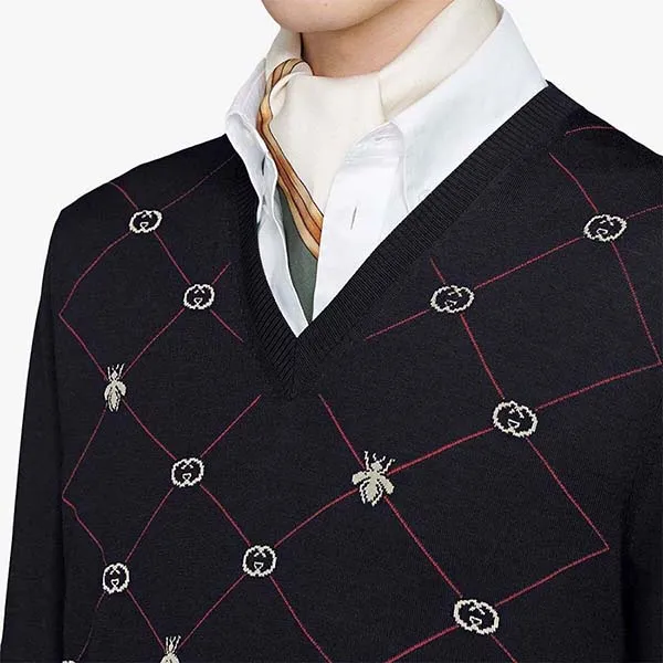 Áo Len Nam Gucci Jacquard-Motif V-Neck Jumper Màu Xanh Navy Size XS - Thời trang - Vua Hàng Hiệu