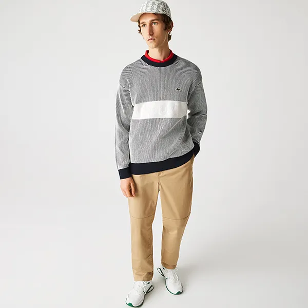 Áo Len Nam Lacoste Heritage Crew Neck Lettered Band Ribbed AH1946 Màu Xám