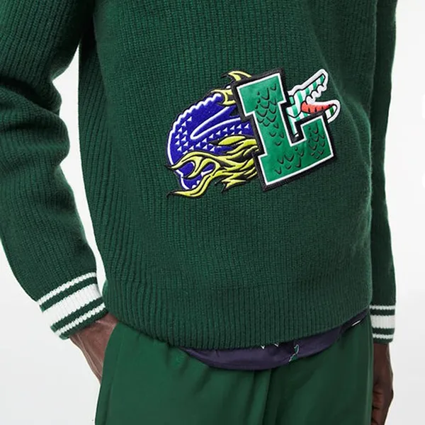 Áo Len Nam Lacoste Holiday Comic Badge Striped V-Neck AH0735 Màu Xanh Green Size 4