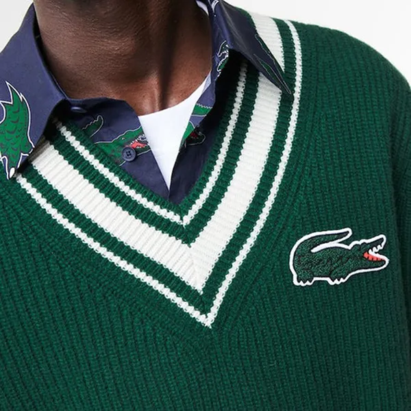 Áo Len Nam Lacoste Holiday Comic Badge Striped V-Neck AH0735 Màu Xanh Green Size 4