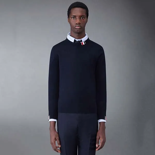 Áo Len Nam Thom Browne With Tricolor Intarsia At Neck MKA474AY1014415 Màu Xanh Navy