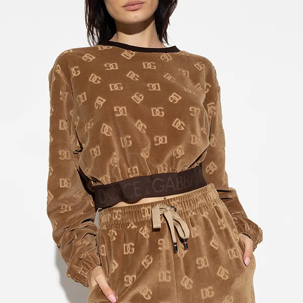 Áo Nỉ Nhung Sweater Nữ Dolce & Gabbana D&G With Logo Màu Nâu Size 38