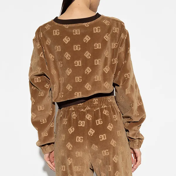 Áo Nỉ Nhung Sweater Nữ Dolce & Gabbana D&G With Logo Màu Nâu Size 38