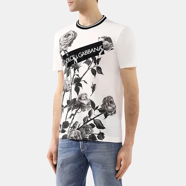 Áo Phông Nam Dolce & Gabbana D&G Tape Logo Floral T-Shirt G8JS9THH7JWHWX97 Màu Trắng Size 48