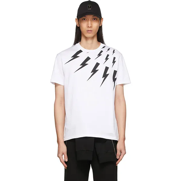 Áo Phông Nam Neil Barrett White Off-Set Fair Isle Thunderbolt TShirt BJT004S Màu Trắng Size M