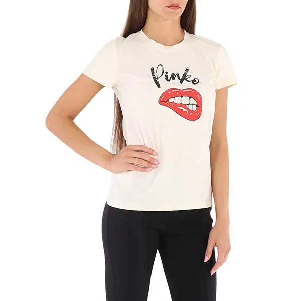 Áo Phông Nữ Pinko Kiss T-shirt Màu Trắng Kem Size L