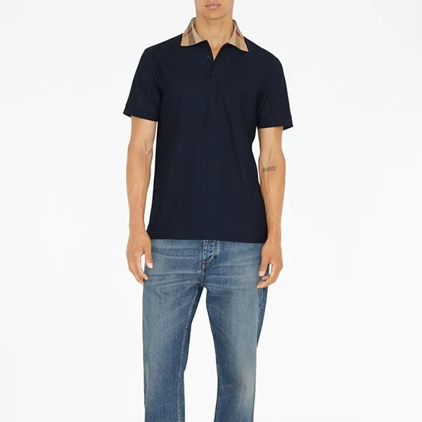 Áo Polo Nam Burberry Checked Collar Cotton Shirt Màu Xanh Navy
