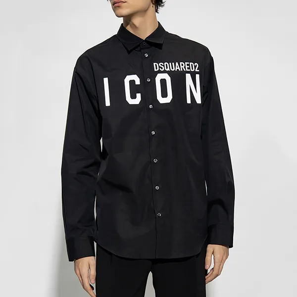 Áo Sơ Mi Nam Dsquared2 Black With Logo ICON Printed S79DL0026 S36275 900 Màu Đen