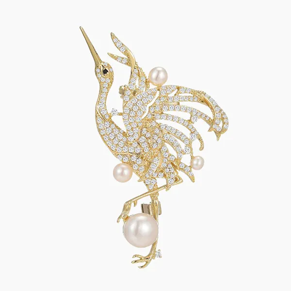 Cài Áo Nữ Meri Hạc Và Ngọc Trai Thanh Lịch BR640 Màu Vàng