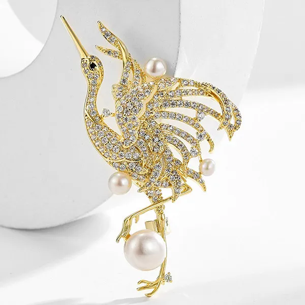 Cài Áo Nữ Meri Hạc Và Ngọc Trai Thanh Lịch BR640 Màu Vàng