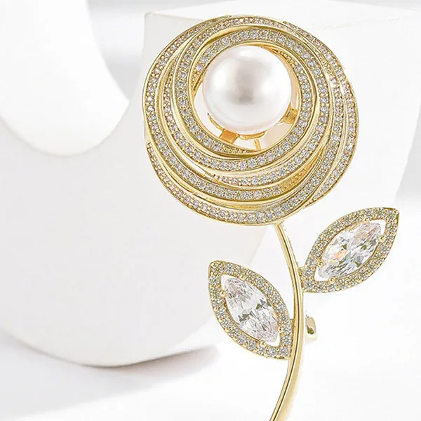 Cài Áo Nữ Meri Hoa Hồng Ngọc Trai Sang Trọng BR646 Màu Vàng