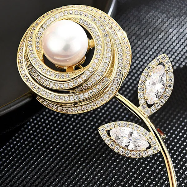 Cài Áo Nữ Meri Hoa Hồng Ngọc Trai Sang Trọng BR646 Màu Vàng