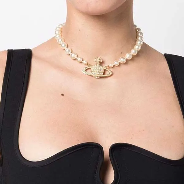 Dây Chuyền Nữ Vivienne Westwood Bas Relief Pearl-Chain Choker Màu Vàng - Trang sức - Vua Hàng Hiệu