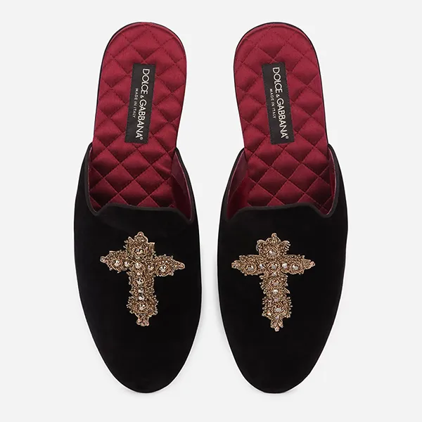 Dép Nam Dolce & Gabbana D&G Cross Embellished Velvet Slippers A80128AU488 Màu Đen Họa Tiết - Dép - Vua Hàng Hiệu