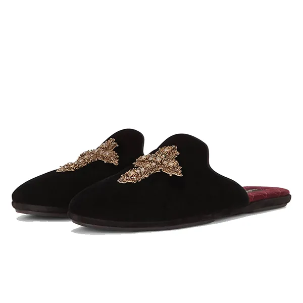Dép Nam Dolce & Gabbana D&G Cross Embellished Velvet Slippers A80128AU488 Màu Đen Họa Tiết - Dép - Vua Hàng Hiệu