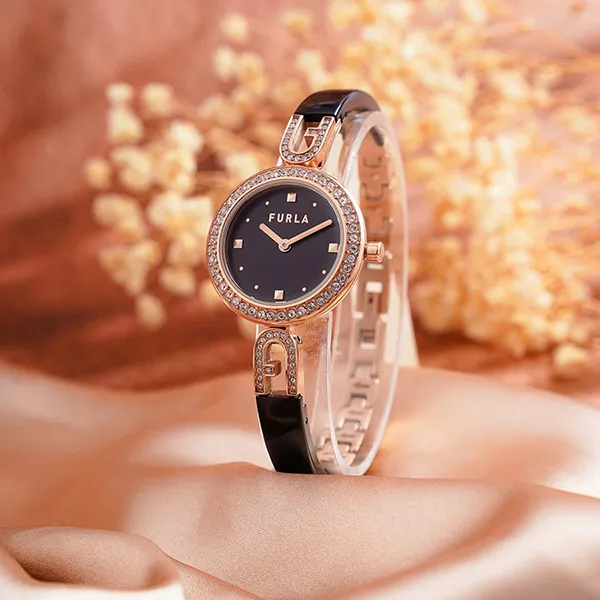 Đồng Hồ Nữ Furla Crystal-Embellished Bangle-Bracelet Watch Màu Đen/Vàng Hồng