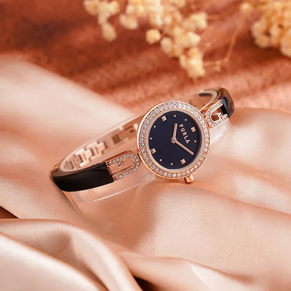Đồng Hồ Nữ Furla Crystal-Embellished Bangle-Bracelet Watch Màu Đen/Vàng Hồng