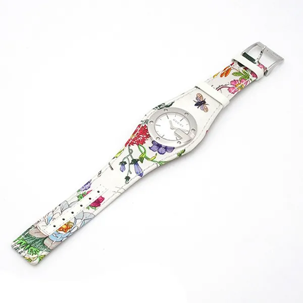 Đồng Hồ Nữ Gucci Vandue Flora Flower 104 YA104511 White SS Leather Satin Watch Ladies Quartz Màu Trắng Họa Tiết