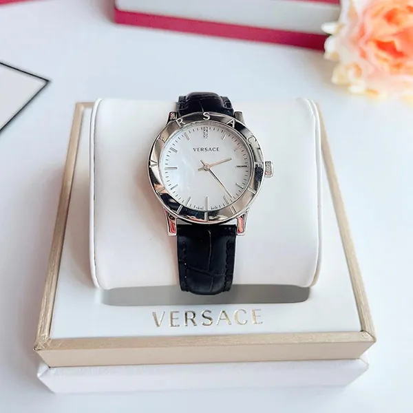 Đồng Hồ Nữ Versace Acorn Diamond Mother Of Pearl Dial Black Leather VQA050017 33mm Màu Đen Bạc