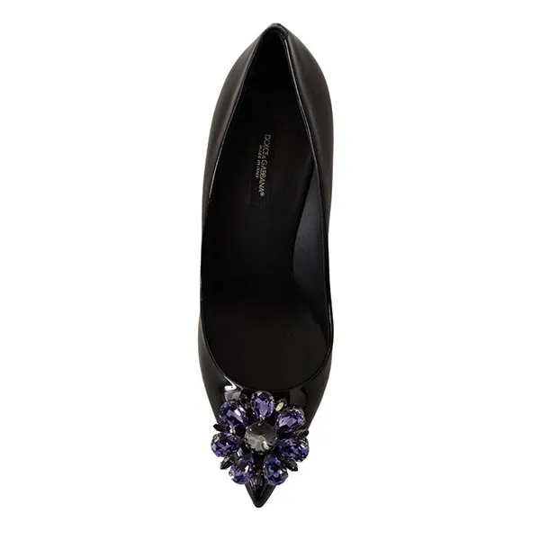 Giày Cao Gót Nữ Dolce & Gabbana D&G Black Patent Leather Crystal Heels Màu Đen Size 37 - 3