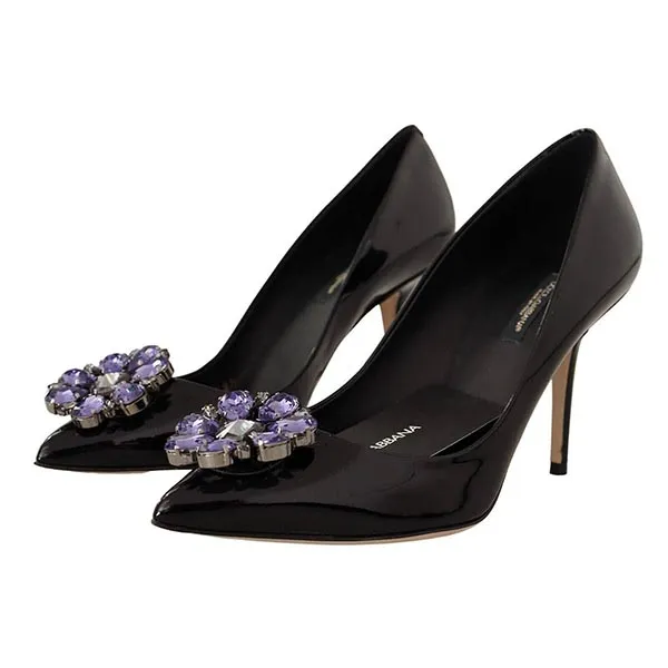 Giày Cao Gót Nữ Dolce & Gabbana D&G Black Patent Leather Crystal Heels Màu Đen Size 37 - 1
