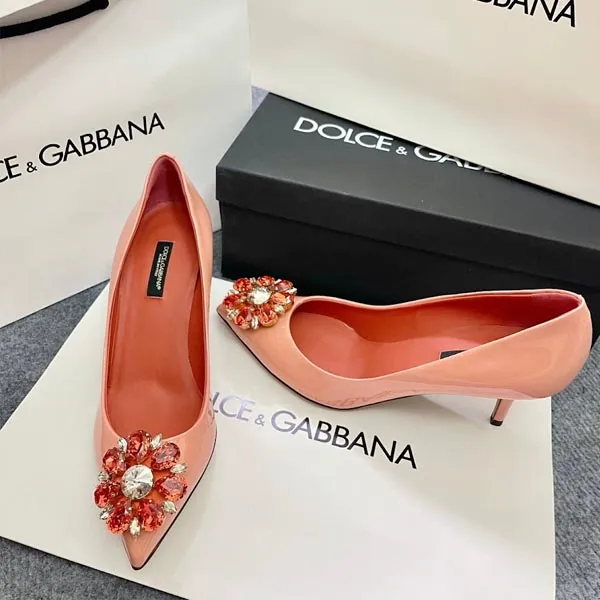 Giày Cao Gót Nữ Dolce & Gabbana D&G Leather Crystal Heels Pumps Shoes Màu Hồng Cam Size 36 - 2