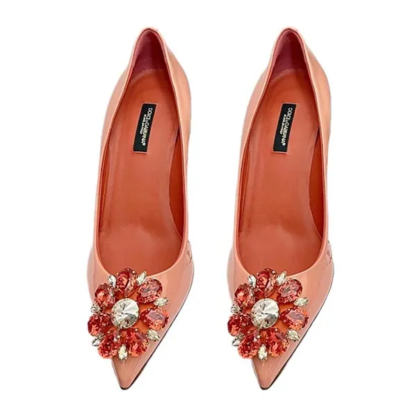 Giày Cao Gót Nữ Dolce & Gabbana D&G Leather Crystal Heels Pumps Shoes Màu Hồng Cam Size 36 - 3