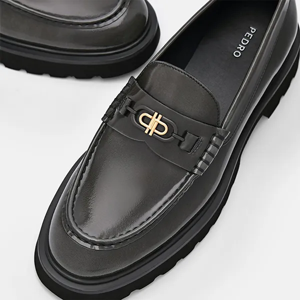 Giày Lười Nữ Pedro Icon Leather Loafers Dark Grey 66600012 Màu Đen Xám Size 38