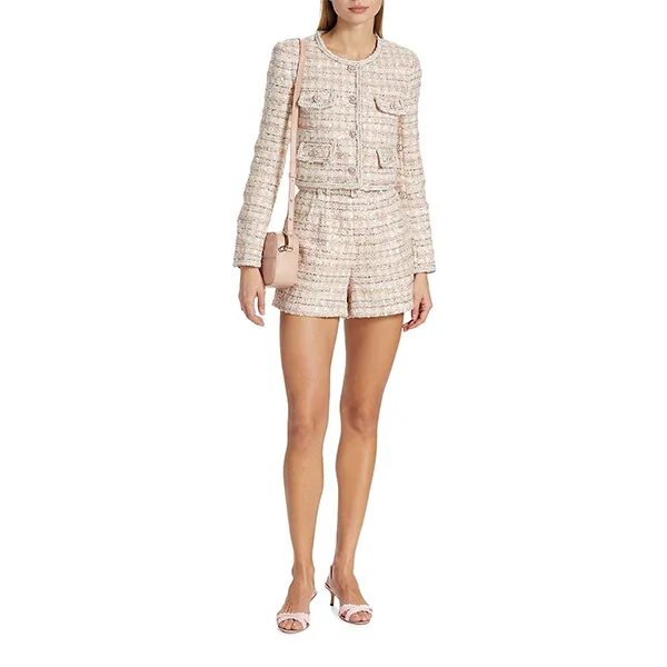 Quần Short Nữ Self-Portrait Boucle Sequin Belted Shorts Pink Màu Hồng Nhạt Size 6UK - Thời trang - Vua Hàng Hiệu