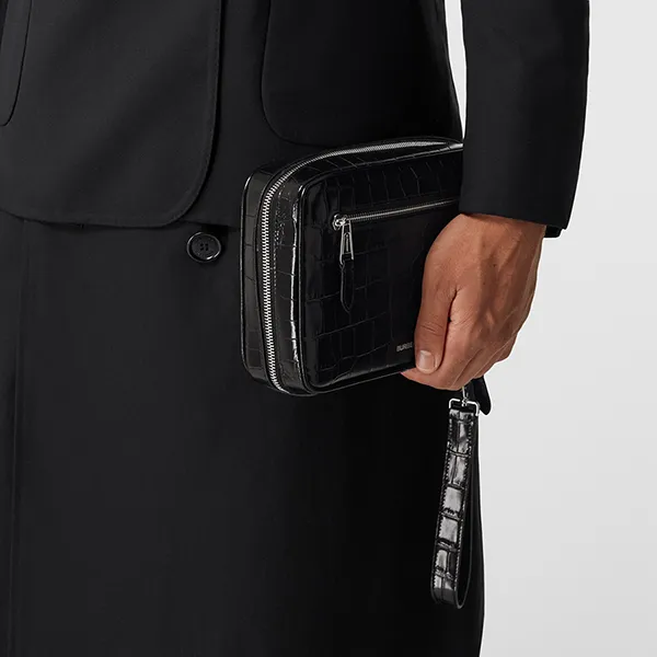 Túi Cầm Tay Nam Burberry Embossed Check Leather Zip Pouch Black 80583671 Màu Đen
