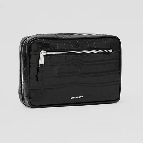 Túi Cầm Tay Nam Burberry Embossed Check Leather Zip Pouch Black 80583671 Màu Đen