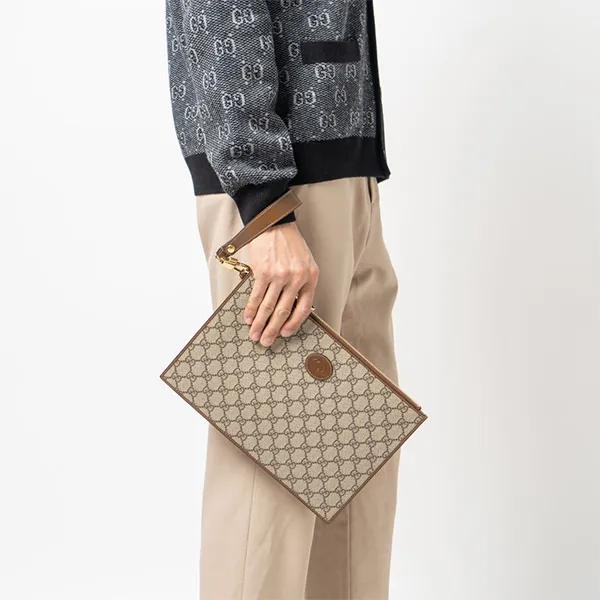 Túi Cầm Tay Nam Gucci Supreme Canvas Interlocking GG Pouch Màu Be Nâu