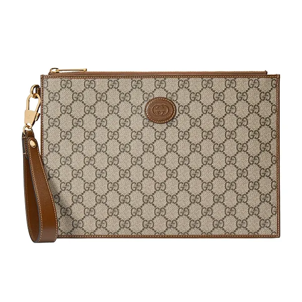 Túi Cầm Tay Nam Gucci Supreme Canvas Interlocking GG Pouch Màu Be Nâu