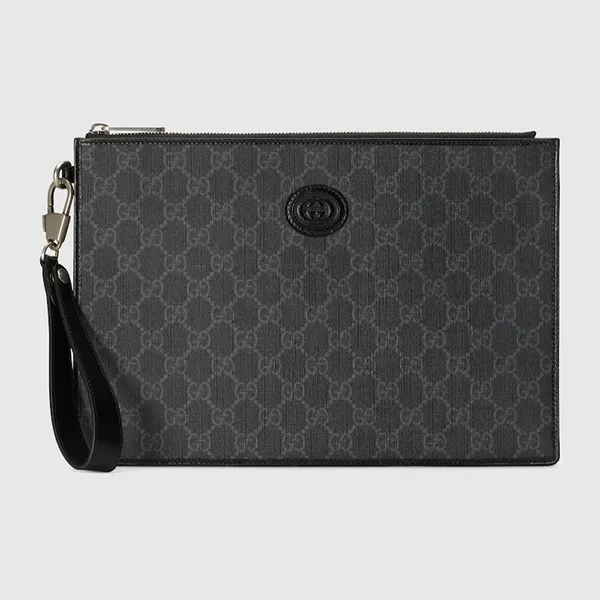Túi Cầm Tay Nam Gucci Supreme Canvas Interlocking GG Pouch Màu Đen