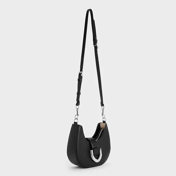 Túi Đeo Vai Nữ Charles & Keith CNK Gabine Leather Crystal-Embellished Hobo Bag Noir 20271341 Màu Đen