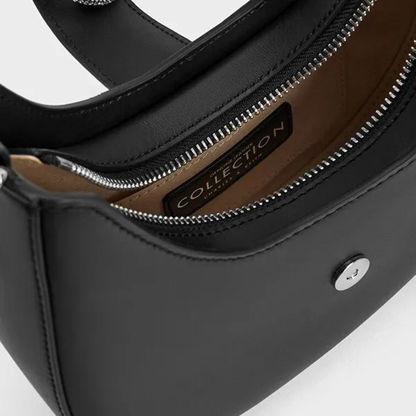 Túi Đeo Vai Nữ Charles & Keith CNK Gabine Leather Crystal-Embellished Hobo Bag Noir 20271341 Màu Đen