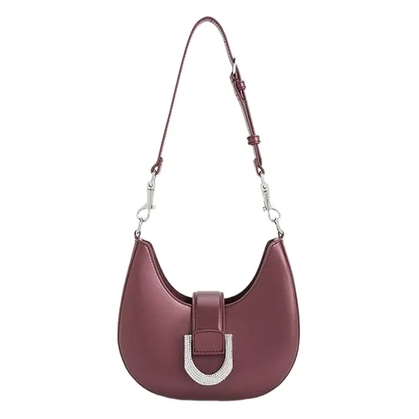 Túi Đeo Vai Nữ Charles & Keith CNK Gabine Leather Crystal-Embellished Hobo Bag Prune 20271341 Màu Đỏ Đô