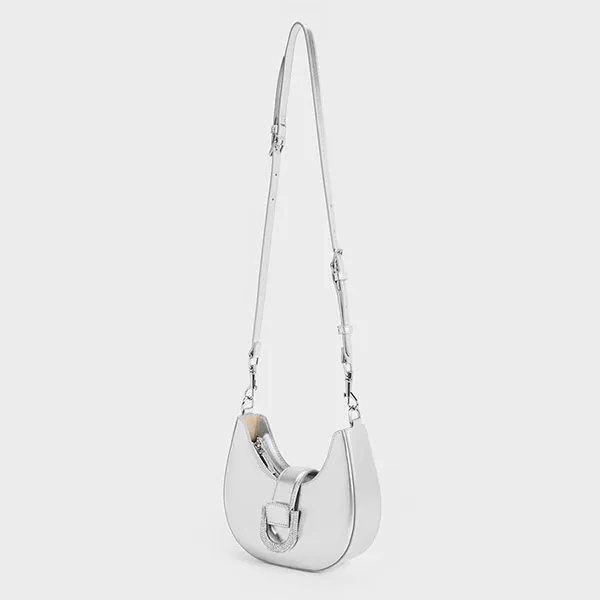 Túi Đeo Vai Nữ Charles & Keith CNK Gabine Metallic Leather Gem-Embellished Hobo Bag Silver 20271341 Màu Bạc