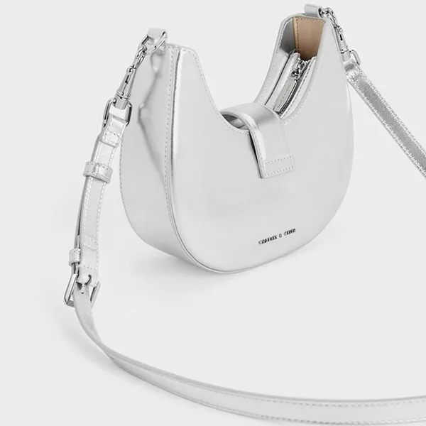 Túi Đeo Vai Nữ Charles & Keith CNK Gabine Metallic Leather Gem-Embellished Hobo Bag Silver 20271341 Màu Bạc