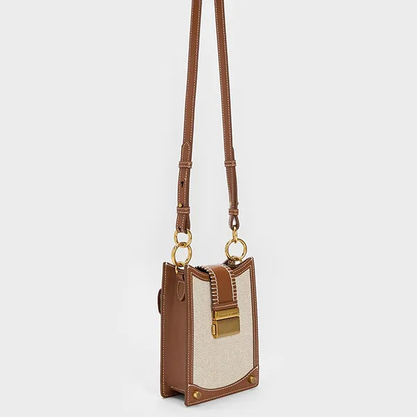 Túi Đựng Điện Thoại Nữ Charles & Keith CNK Winslet Belted Canvas Phone Pouch Chocolate 70840529 Màu Be Nâu