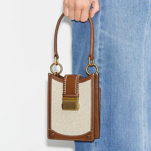 Túi Đựng Điện Thoại Nữ Charles & Keith CNK Winslet Belted Canvas Phone Pouch Chocolate 70840529 Màu Be Nâu