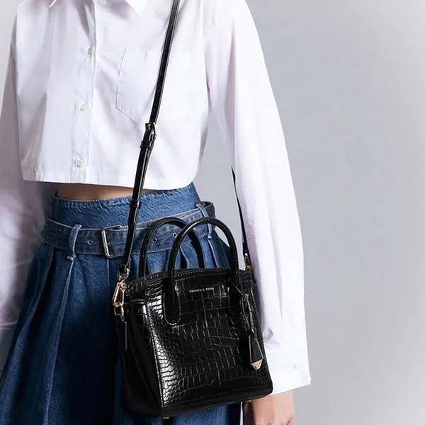 Túi Tote Nữ Charles & Keith CNK Croc-Effect Trapeze Tote Bag Black CK2-30271265-1 Màu Đen