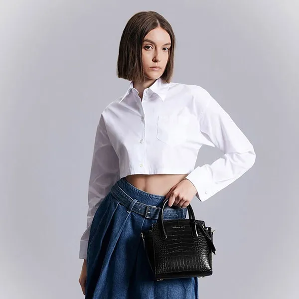 Túi Tote Nữ Charles & Keith CNK Croc-Effect Trapeze Tote Bag Black CK2-30271265-1 Màu Đen