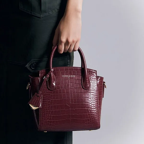 Túi Tote Nữ Charles & Keith CNK Croc-Effect Trapeze Tote Bag Burgundy 30271265-1 Màu Đỏ Mận