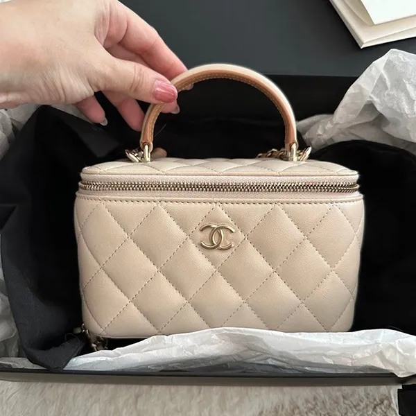 Túi Xách Tay Nữ Chanel Vanity Top Handle Bag Lambskin Beige Màu Kem - 3